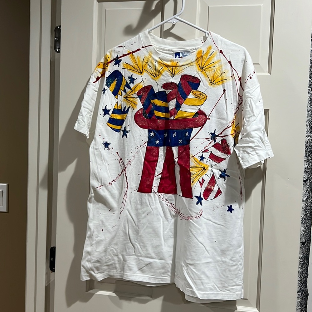 ALEXIS LEA 90s HANDPAINTED PATRIOTIC HAT AND FIREWORKS SHIRT- HANES ADULT XL